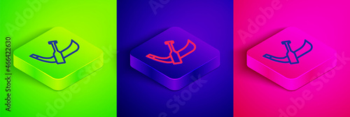 Isometric line Gondola boat italy venice icon isolated on green, blue and pink background. Tourism rowing transport romantic. Square button. Vector
