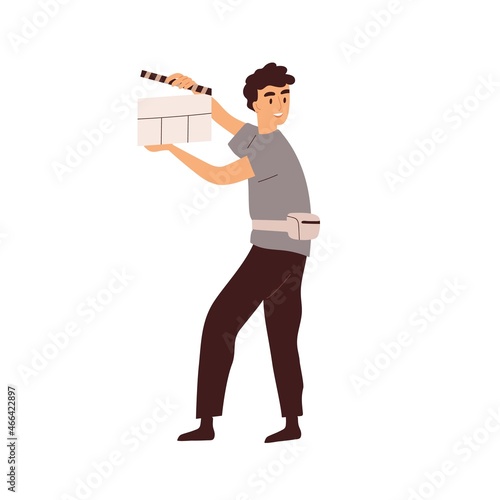 Person with open clapperboard in hands. Movie assistant shutting filmstick of clapper board before scene shoot. Man and clapboard at film making. Flat vector illustration isolated on white background