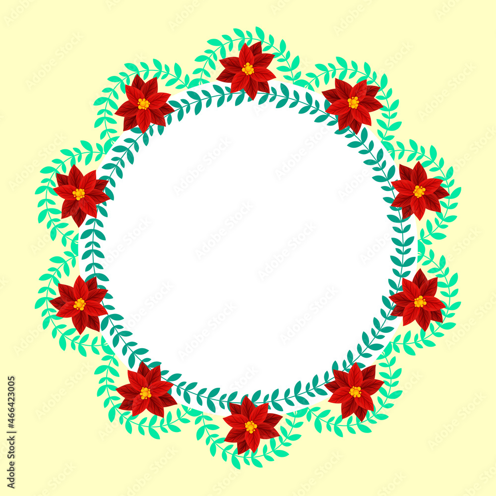 Empty Round Frame Decorated By Leaves And Poinsettia Flowers On Yellow Background. Empty Round Frame Decorated By Leaves And Poinsettia Flowers On Yellow Background.