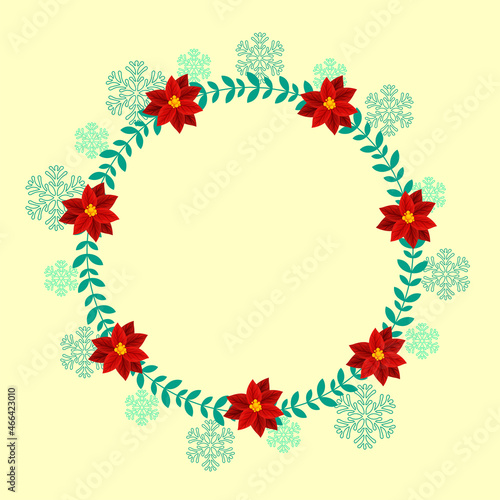 Fototapeta Naklejka Na Ścianę i Meble -  Empty Circle Frame Made By Leaves And Poinsettia Flowers On Yellow Background Decorated With Snowflakes.