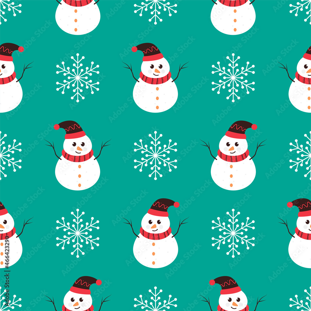 Seamless Pattern Of Cartoon Snowman And Snowflake Background.