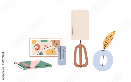 Lamp, vase, picture and book for interior decoration. Home objects composition for room design in minimalist style with night light and figurine. Flat vector illustration isolated on white background