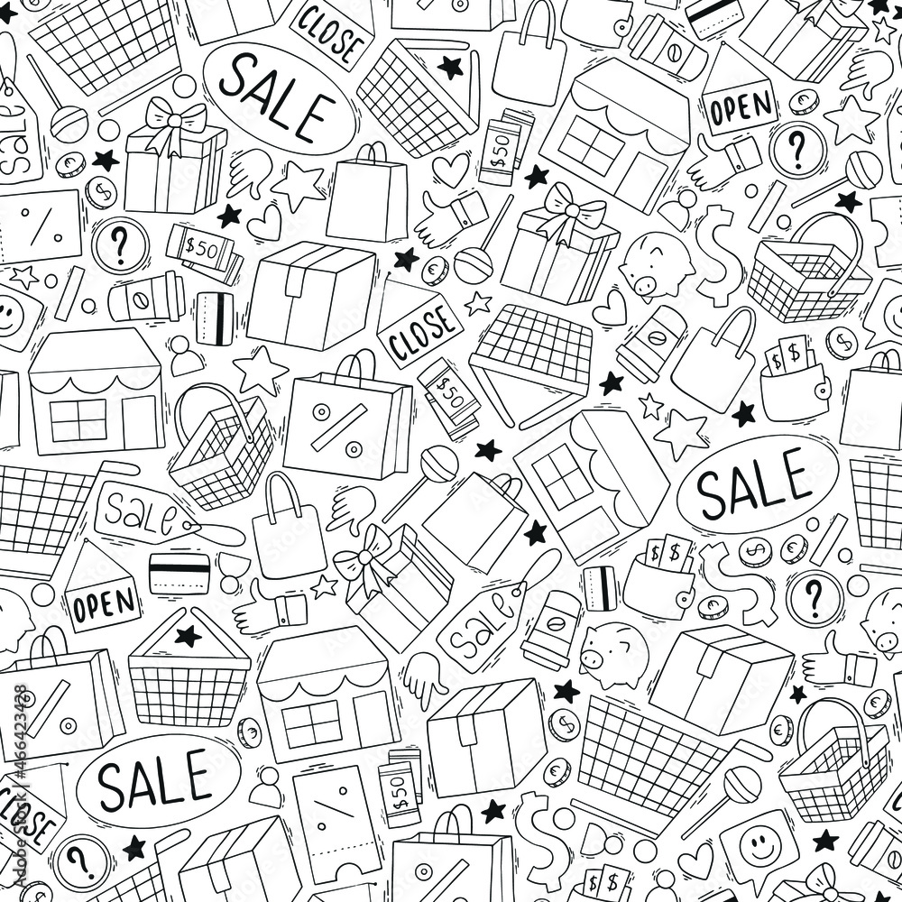 Fototapeta Shopping seamless pattern with hand drawn doodles on white background. Good for wrapping paper, backgrounds, scrapbooking, digital paper, etc. EPS 10