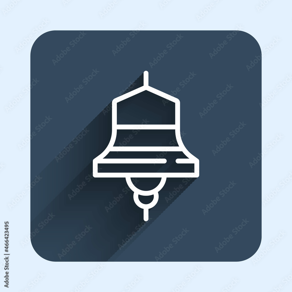 White line Ship bell icon isolated with long shadow background. Blue square button. Vector White line Ship bell icon isolated with long shadow background. Blue square button. Vector