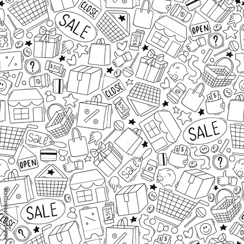 Shopping seamless pattern with hand drawn doodles on white background. Good for wrapping paper, backgrounds, scrapbooking, digital paper, etc. EPS 10