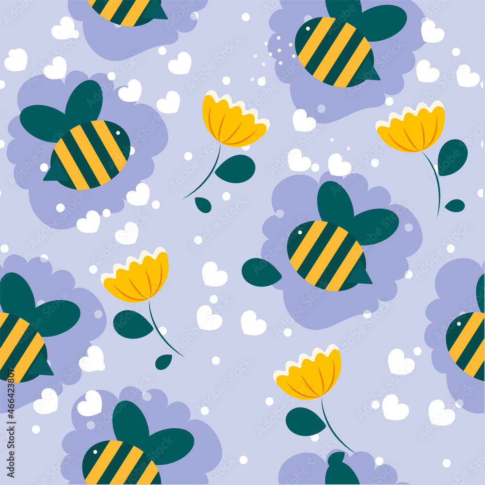 Violet Background Decorated With Bee, Flower And Hearts. Violet Background Decorated With Bee, Flower And Hearts.