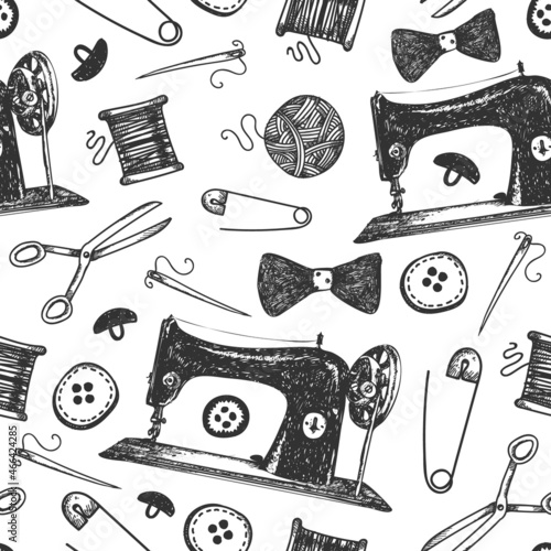 Vector hand drawn doodle seamless pattern. black and white. Fashion, sewing tools background. Use for babric, print, wrapping. Cartoon hand made various sketch elements buttons, needle, scissors.
