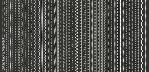 Sewing stitches. Machine thread sew brushes. Set of embroidery seams. Overlock fabric elements. Outline border isolated on black background. Seamless pattern. Simple design. Vector illustration.