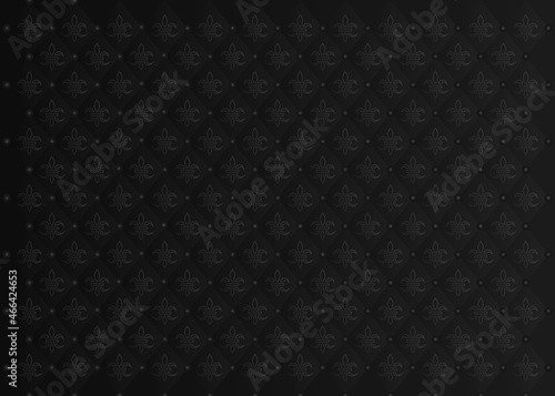 Luxurious black background with stylized royal lily. Black upholstery. Stylish texture. Fleur-de-lis or lily flower. Lily flower on graceful black wallpaper. Vector illustration
