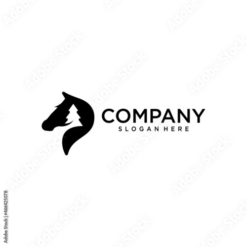 horse and fir tree logo. Abstract illustration of horse head and fir tree. Creative combination of wild horse identity