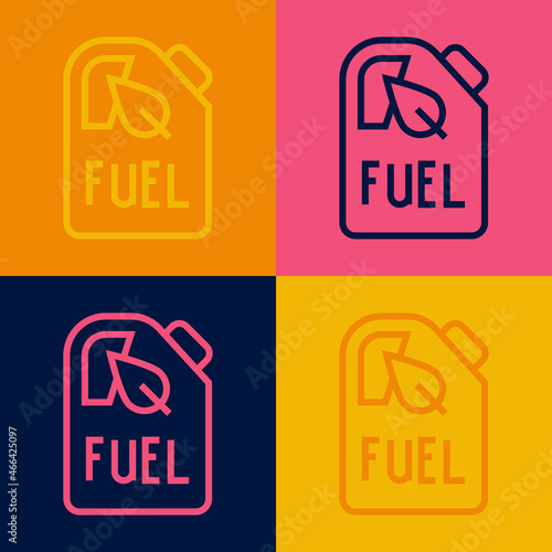 Pop art line Bio fuel canister icon isolated on color background. Eco bio and barrel. Green environment and recycle. Vector