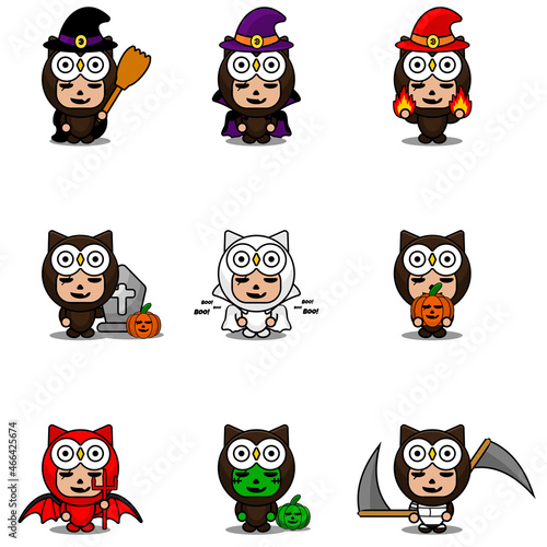 vector cartoon character cute owl animal mascot costume set bundle halloween