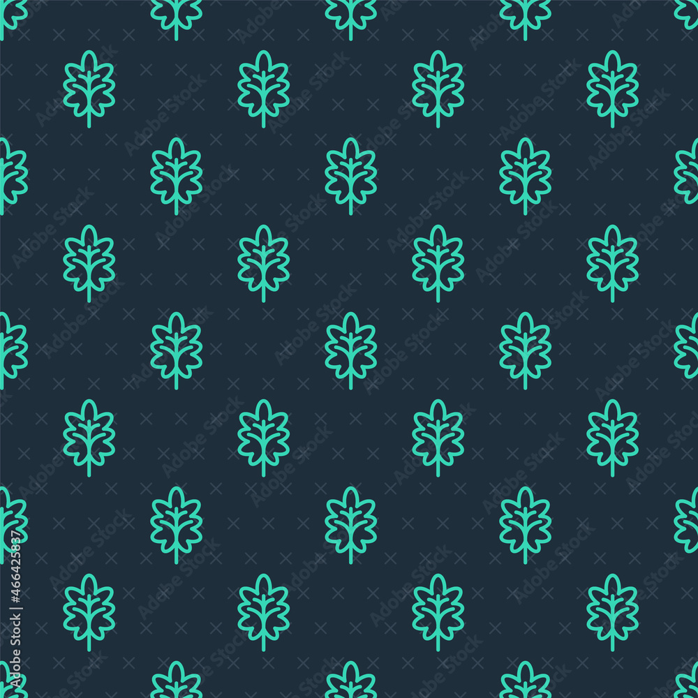 Green line Leaf icon isolated seamless pattern on blue background. Leaves sign. Fresh natural product symbol. Vector Green line Leaf icon isolated seamless pattern on blue background. Leaves sign. Fresh natural product symbol. Vector