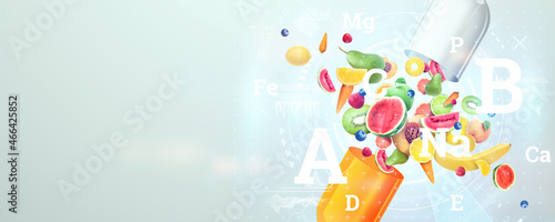 Tableau sur toile Food supplement in the form of medicinal capsules and nutritional tablets with fruit inside