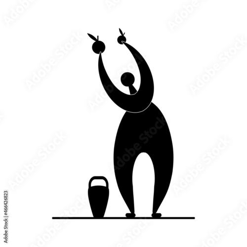 Vector stylized man harvesting apples, gardener icon, autumn-summer garden work, gardening
