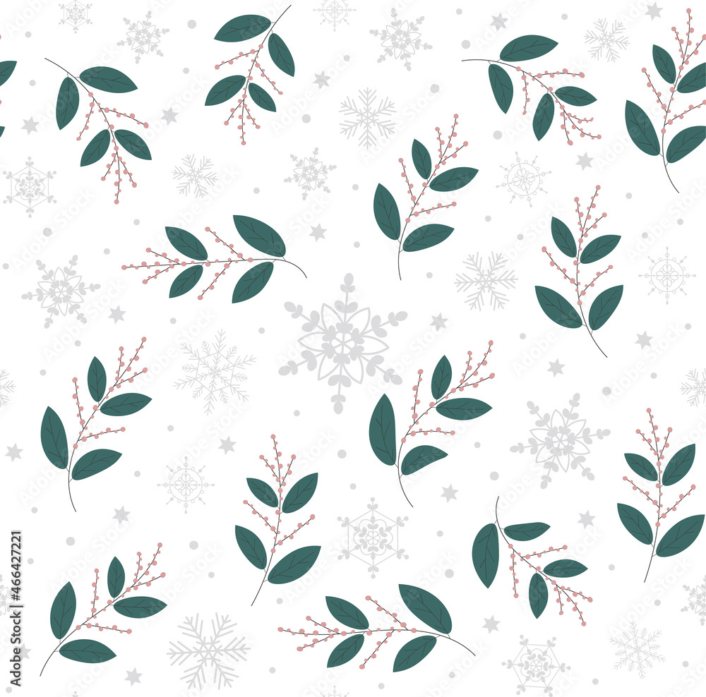 Christmas square pattern background with ilex branches and snowflakes on white background.