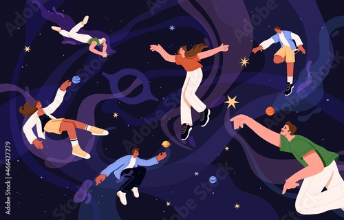 Searching for ideas and inspiration concept. Creative young people learning, exploring world and finding new ways. Happy inspired men and women discovering smth. Conceptual flat vector illustration