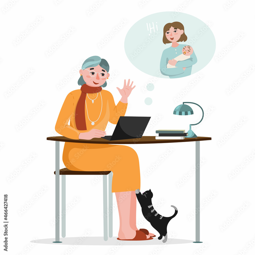 An elderly woman is sitting at a table and calling through her daughter's laptop, who has a child. Video communication. Cartoon-style illustration on a white background. An elderly woman is sitting at a table and calling through her daughter's laptop, who has a child. Video communication. Cartoon-style illustration on a white background.