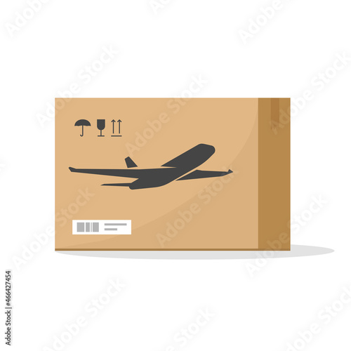 Parcel package box delivery by airmail plane vector concept or export and import freight cargo packet by commercial airline shipment idea flat cartoon vector, logistics postal carrier service