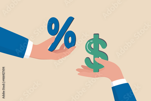 Investment profit earnings, interest rate or dividends percentage, offer discount or sale, income tax or make money concept, businessman hand offer percentage sign with other giving dollar money.