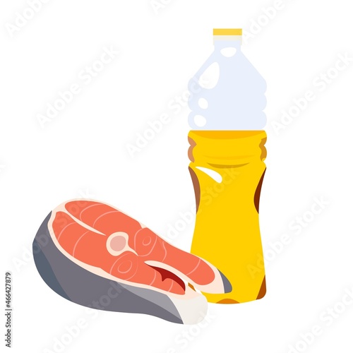 Set of vector drawings omega 3 containing food. icons of vegetable oil, salmon, salmon steak. Colored flat vector illustration of fat eating isolated on white background