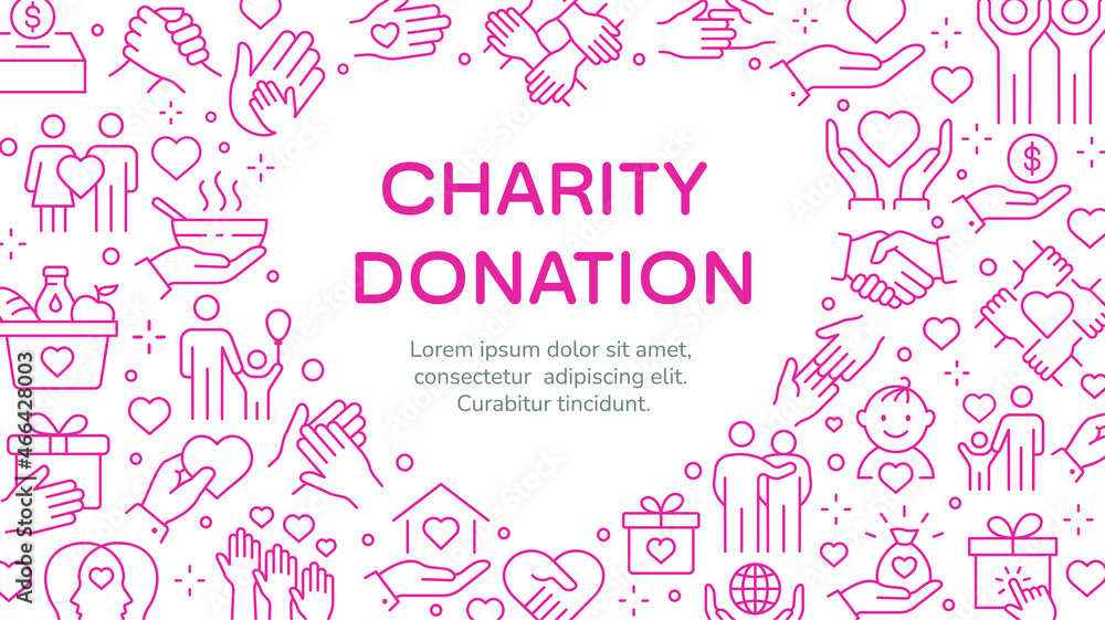 Vector banner templates with charity icons. Set of philanthropy, hand, heart, sponsor and more.