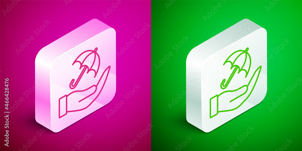 Isometric line Umbrella in hand icon isolated on pink and green background. Insurance concept. Waterproof icon. Protection, safety, security concept. Silver square button. Vector