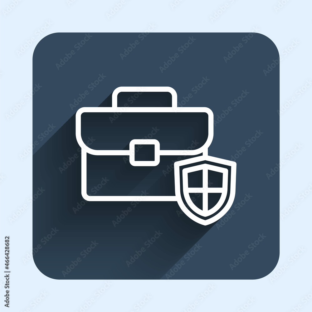 White line Briefcase with shield icon isolated with long shadow background. Insurance concept. Security, safety, protection, protect concept. Blue square button. Vector White line Briefcase with shield icon isolated with long shadow background. Insurance concept. Security, safety, protection, protect concept. Blue square button. Vector
