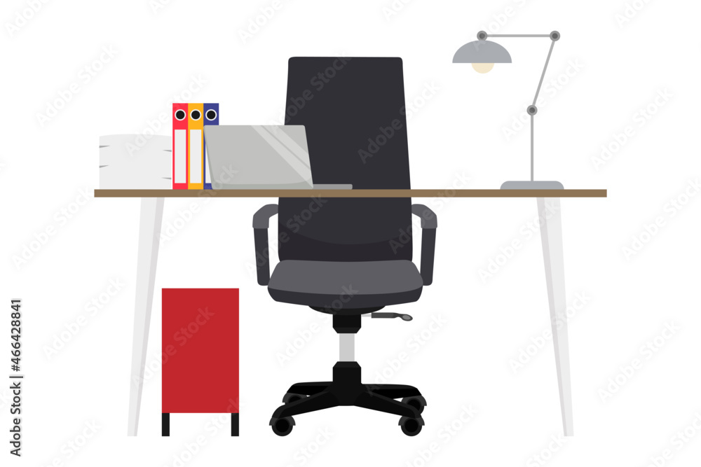 Fototapeta premium Modern desk for freelancer home office with modern chair and table with pc laptop computer some paper pile folders with table lamp