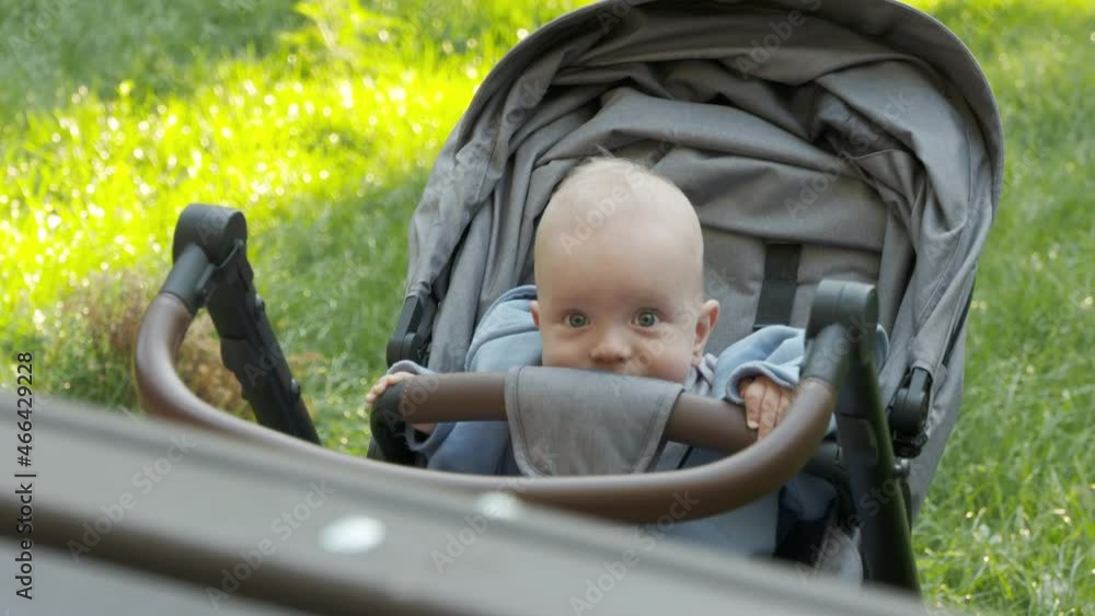 Happy mother with her smiling baby in stroller in the park on a summer day, brunette woman playing talking with six month old infant. High quality 4k footage Happy mother with her smiling baby in stroller in the park on a summer day, brunette woman playing talking with six month old infant. High quality 4k footage