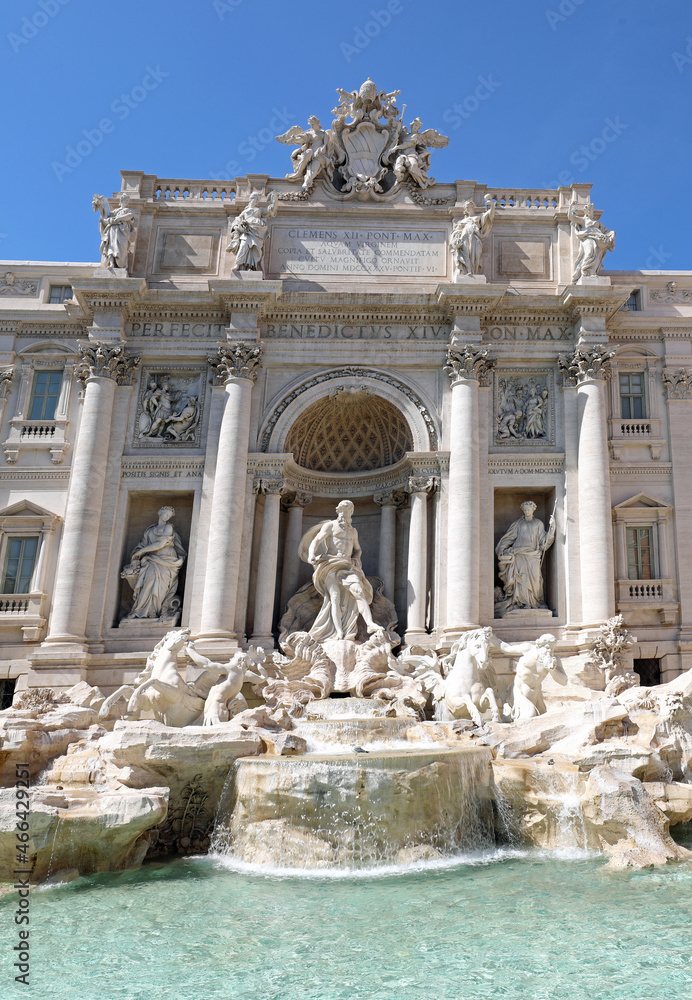 famous Trevi fountain with statue of God Neptune without tourists in Rome in Italy