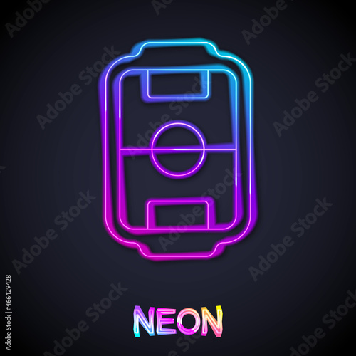 Glowing neon line Table football game hobby or leisure icon isolated on black background. Sport team football players. Vector