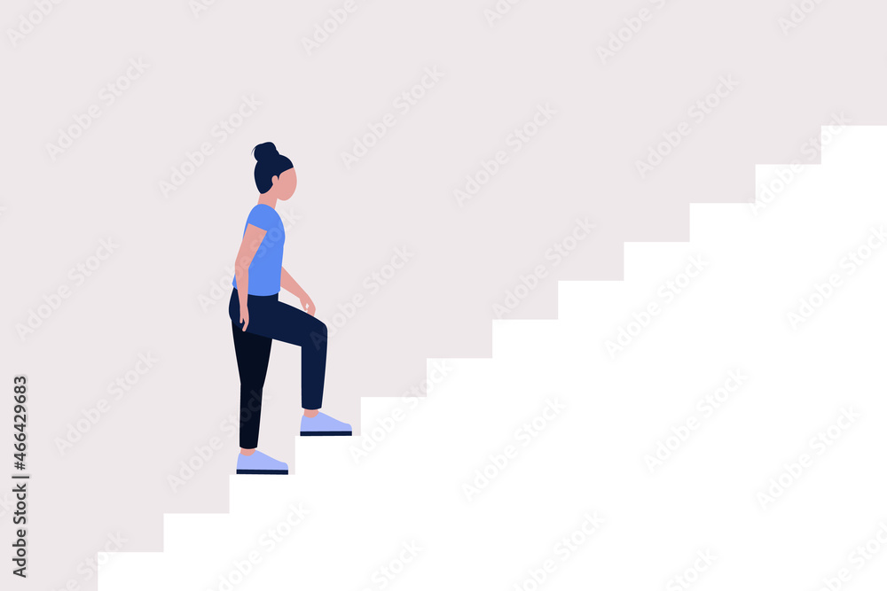 Character walking up the stairs