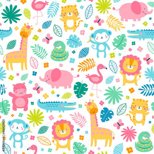 Colorful cute jungle animals with flower and leaf seamless pattern background.