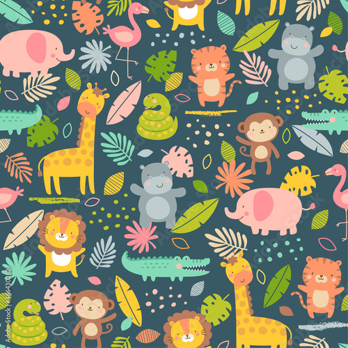 Canvas Print Cute safari animals with tropical leaf seamless pattern background