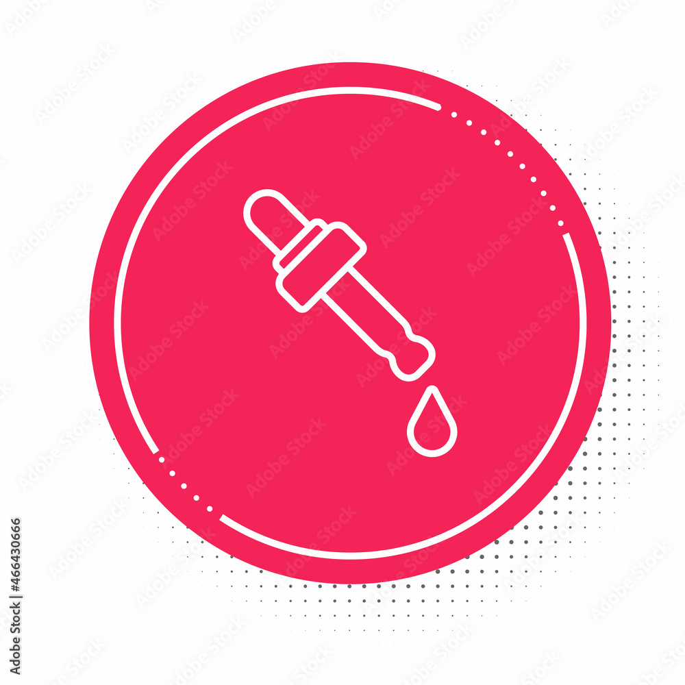 White line Pipette with oil icon isolated on white background. Organic aromatherapy essence. Skin care serum glass drop package. Red circle button. Vector White line Pipette with oil icon isolated on white background. Organic aromatherapy essence. Skin care serum glass drop package. Red circle button. Vector