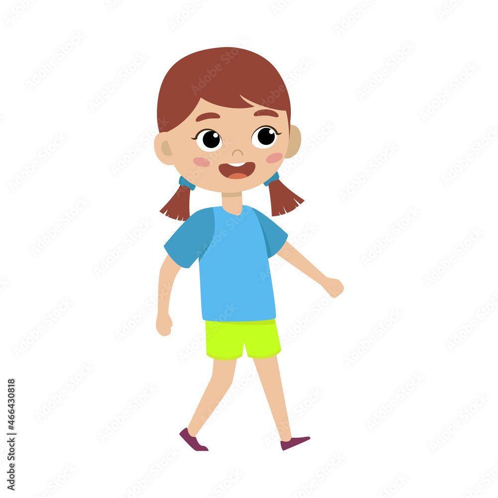 Cute girl kid. Funny child isolated on white background. Baby walks carelessly, looking up. Happy emotion girl. Vector illustration in flat style