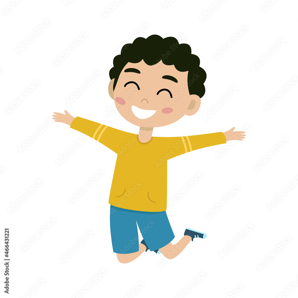 Cute boy kid. Funny child isolated on white background. Baby jumping for joy, raised hands. Happy emotion boy. Vector illustration in flat style Cute boy kid. Funny child isolated on white background. Baby jumping for joy, raised hands. Happy emotion boy. Vector illustration in flat style