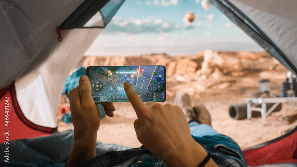 Playing Iphone Rv POV of a Tourist Using Smartphone For Playing Arcade Mobile Game ...