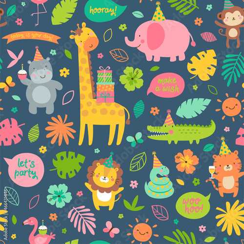 Canvas Print Colorful cute safari animals with party elements and leaves seamless pattern background