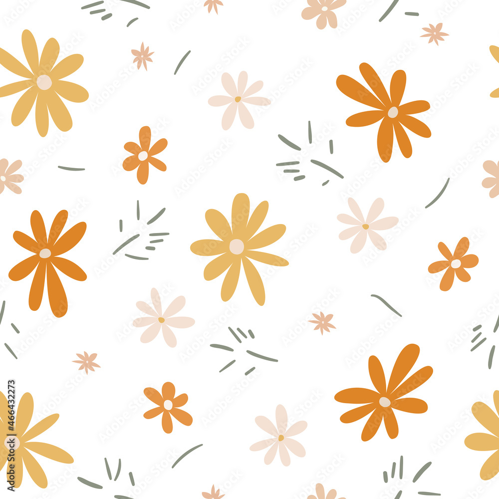 Endless vector square illustration isolated on white background. Simple rustic floral seamless pattern in a naive style. Orange, yellow, white chamomile and calendula. Used for packaging. Eps 10.