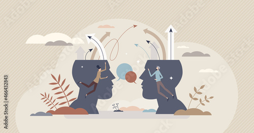 Arguing in conflict discussion about different opinions tiny person concept. Dispute and confrontation with negative talking arguments vector illustration. Disagreement and frustration in relationship photo