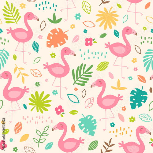 Pastel tropical summer seamless pattern with flamingo, tropical leaf and flower.