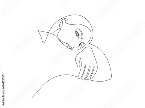 Vector minimalist style portrait. Line woman hand drawn abstract feminine print. Sad, depression, laying. Monoline illustration.