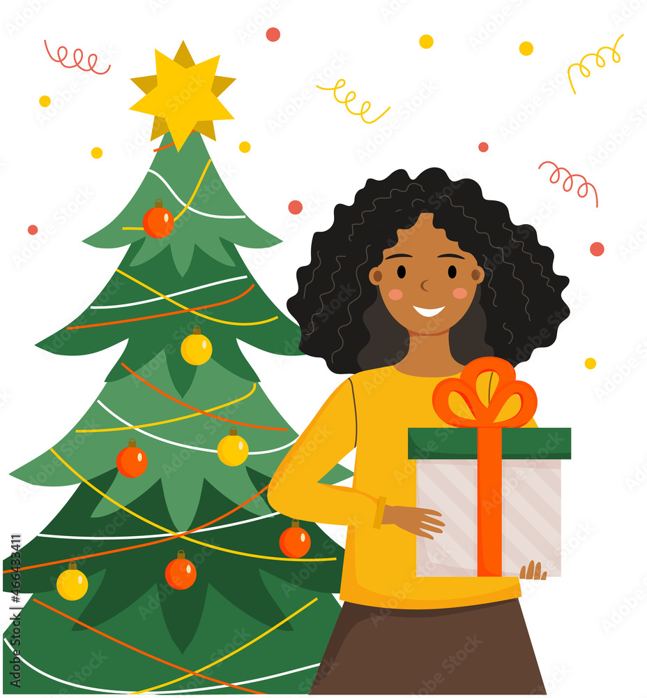 Afro american young woman with Christmas gift box is standing near Christmas tree. Christmas, New year mood. Vector illustration in flat style. Afro american young woman with Christmas gift box is standing near Christmas tree. Christmas, New year mood. Vector illustration in flat style.