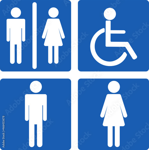 Set toilet signs. Men and women restroom icon sign right arrow. Disabled wheelchair icon. vector illustration