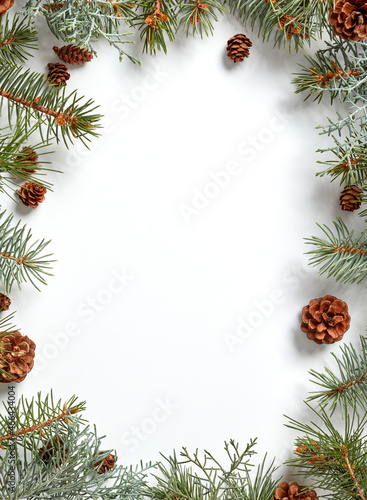 Fir tree branches with cones border