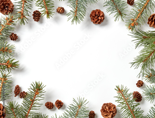 Fir tree branches with cones border