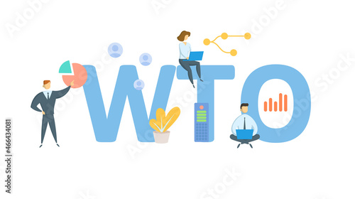 WTO, World Trade Organization. Concept with keyword, people and icons. Flat vector illustration. Isolated on white.