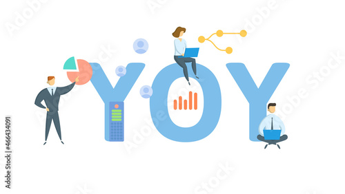 YOY, Year-Over-Year. Concept with keyword, people and icons. Flat vector illustration. Isolated on white.